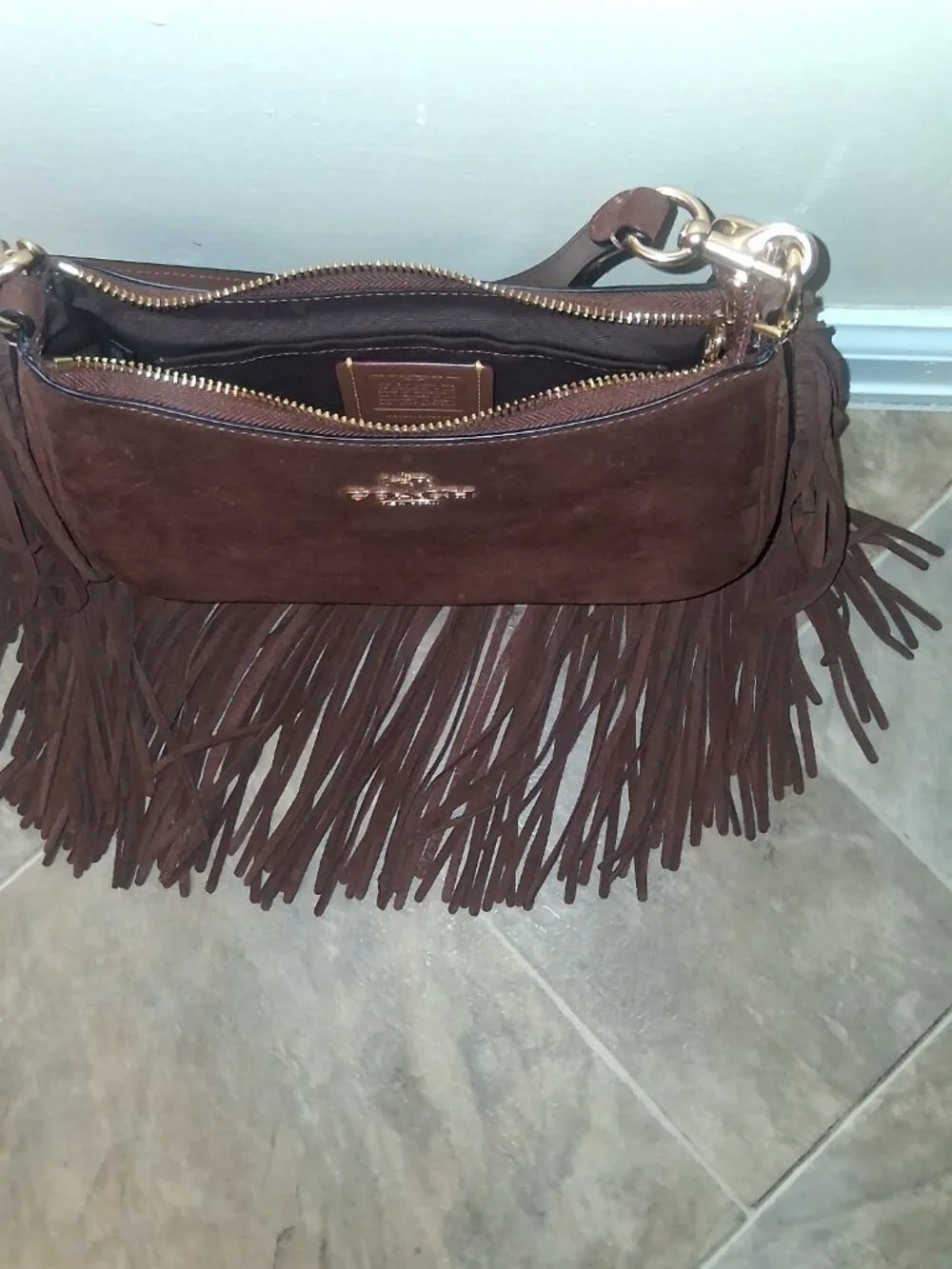 Coach Teri Shoulder Bag With Fringe In Suede Vintage Brown - Style CCC66